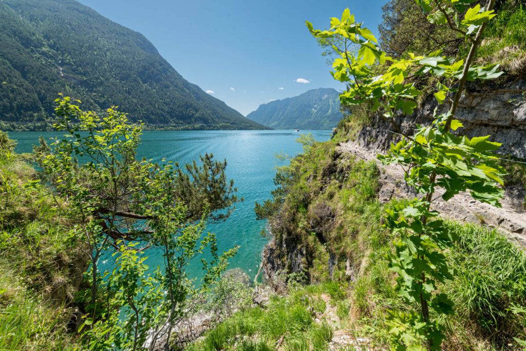 Der Achensee im Sommer, mit türkisfarbenem Wasser vom steilen Ufer aus